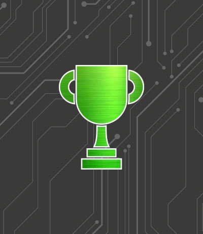 Fondo gris con ícono verde de trofeo.