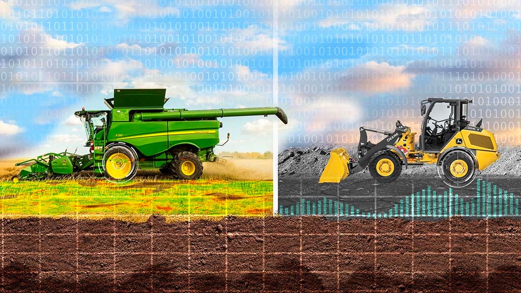 Imagen digitalizada de una cosechadora y una cargadora de ruedas con una superposición de datos