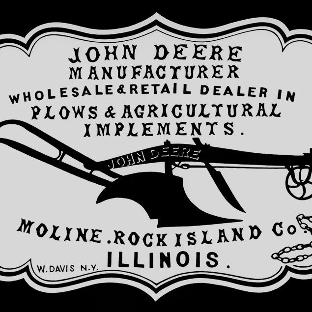 Un histórico anuncio de concesionario de 1855 "Fabricante John Deere, mayorista y minorista de arados e implementos agrícolas. Moline, Rock Island Co. Illinois"