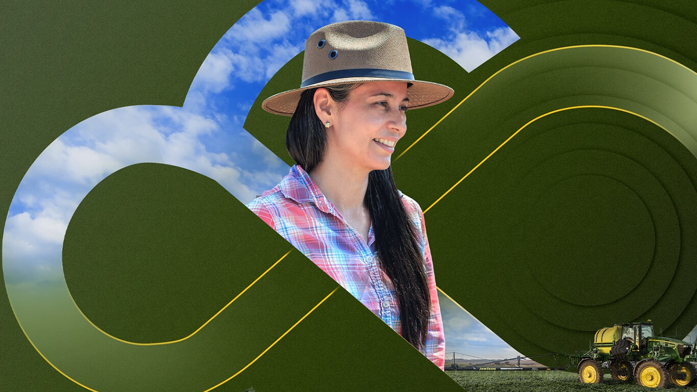 El infinito que representa el ecosistema conectado con una agricultora utilizando un sombrero y camisa de cuadros al centro del infinito.