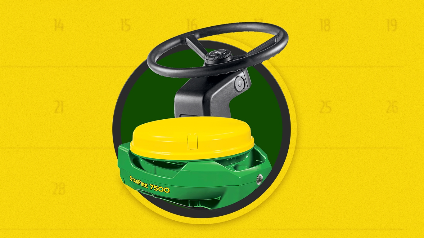 Starfire 7500 y volante en un círculo verde sobre fondo amarillo