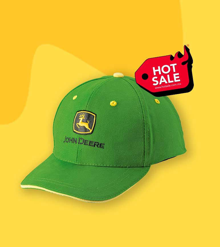 Fondo amarillo con una gorra verde de John Deere en el centro, con una etiqueta roja que dice Hot Sale