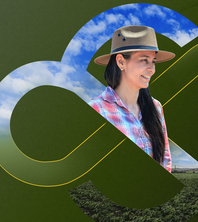 Imagen de del infinito que representa el ecosiste conectado John Deere con una agricultora en el centro utilizando un sombrero y camisa de cuadros.