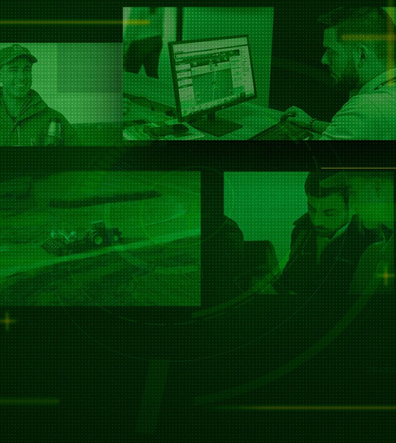 4 imágenes de personas trabajando en el campo, persona trabajando en computadora, sembradora John Deere filmada desde arriba.