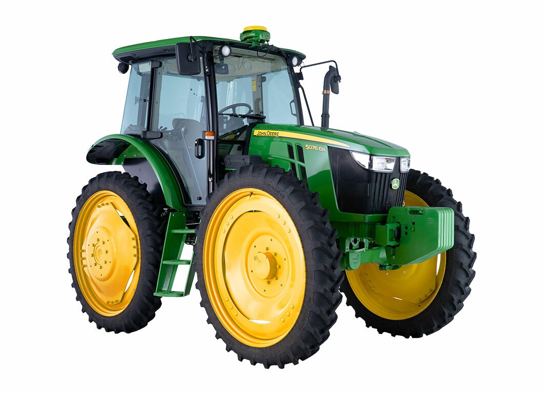 Tractor 5076EH verde con cabina cerrada y ruedas amarillas, visto de perfil lateral derecho sobre fondo blanco.
