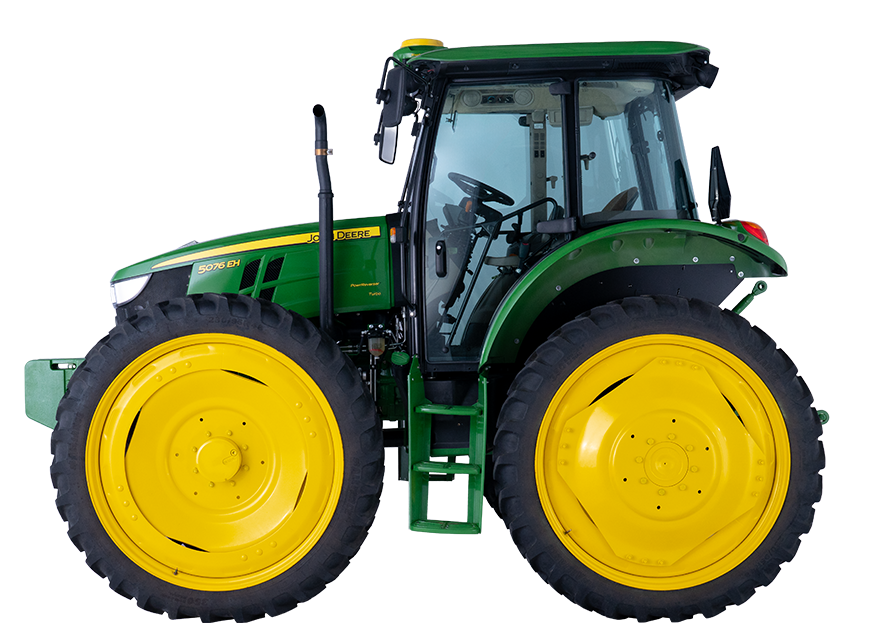 Tractor John Deere 5076EH verde con cabina cerrada y pesos frontales, visto en ángulo lateral izquierdo.
