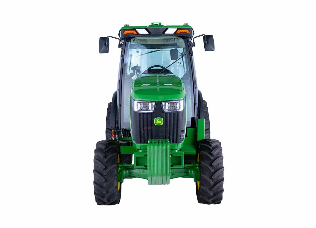 Tractor 5076EN verde con cabina cerrada y llantas negras, mostrado de frente.