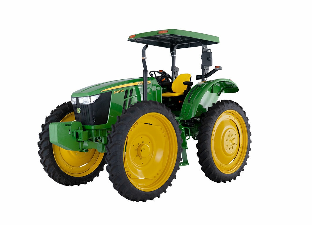 Tractor 5090EH verde estación abierta y ruedas amarillas, visto de perfil lateral derecho sobre fondo blanco.
