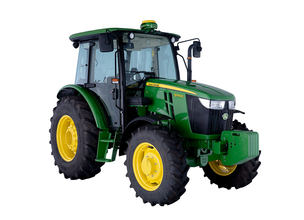 Tractor 5090E verde con cabina cerrada y llantas amarillas, mostrado en ángulo frontal lateral derecho